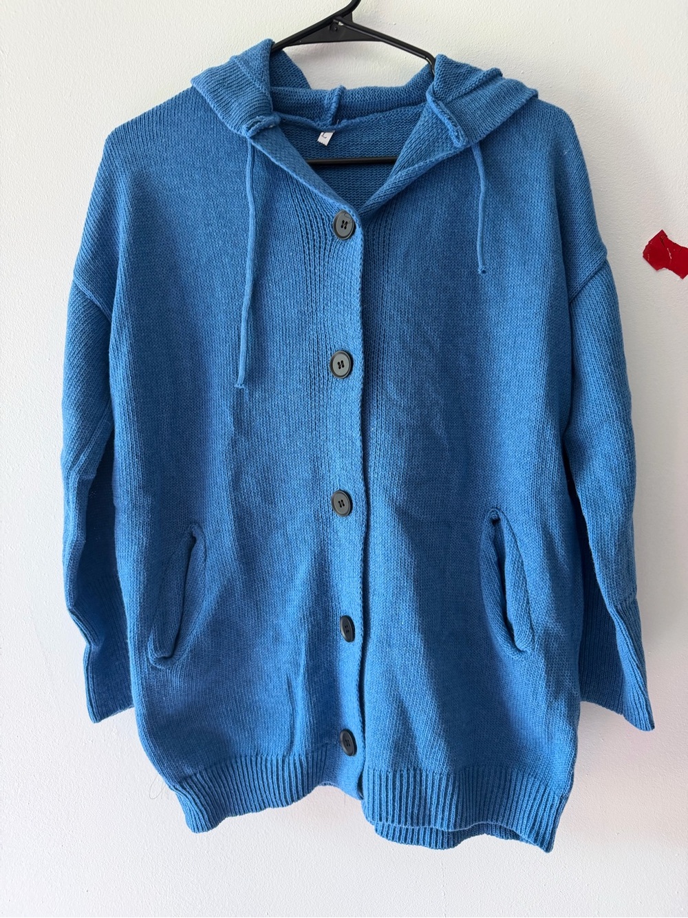 Blue Hooded Button-Up Knit Cardigan